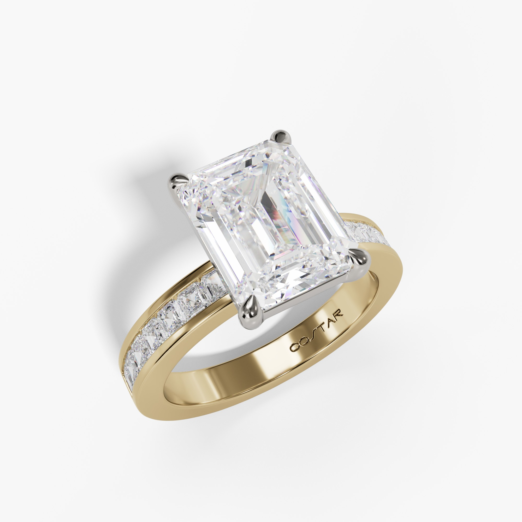 Emerald cut ring with channel-set band, three-quarter view