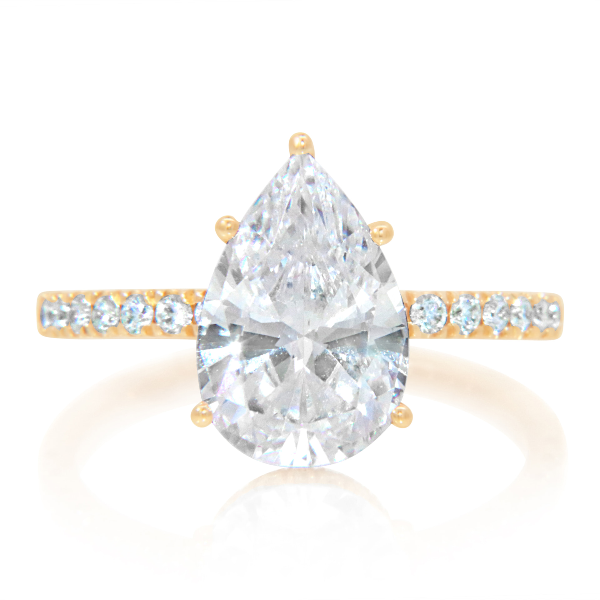 Pear diamond yellow gold pavé ring with hidden halo, front view