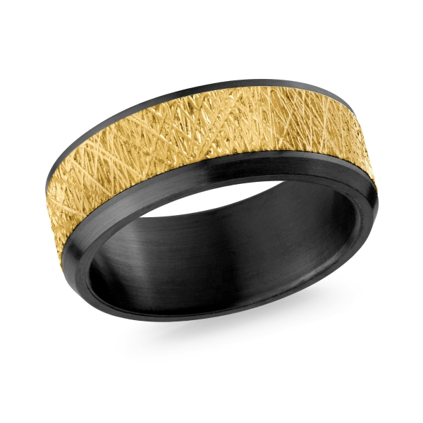 Scratched gold band with black zirconium beveled edges, angled view