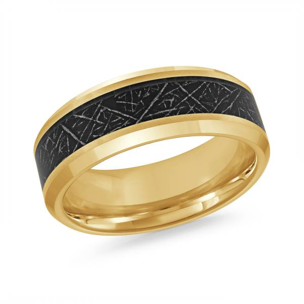 Yellow-tone tungsten band with black meteorite-look inlay, angled view