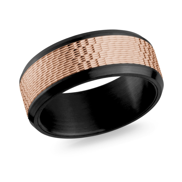 Hammered rose gold band with black zirconium edges and interior, angled view