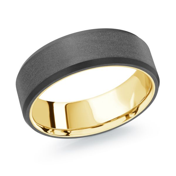 Carbon fiber band with stepped polished gold edges, angled view