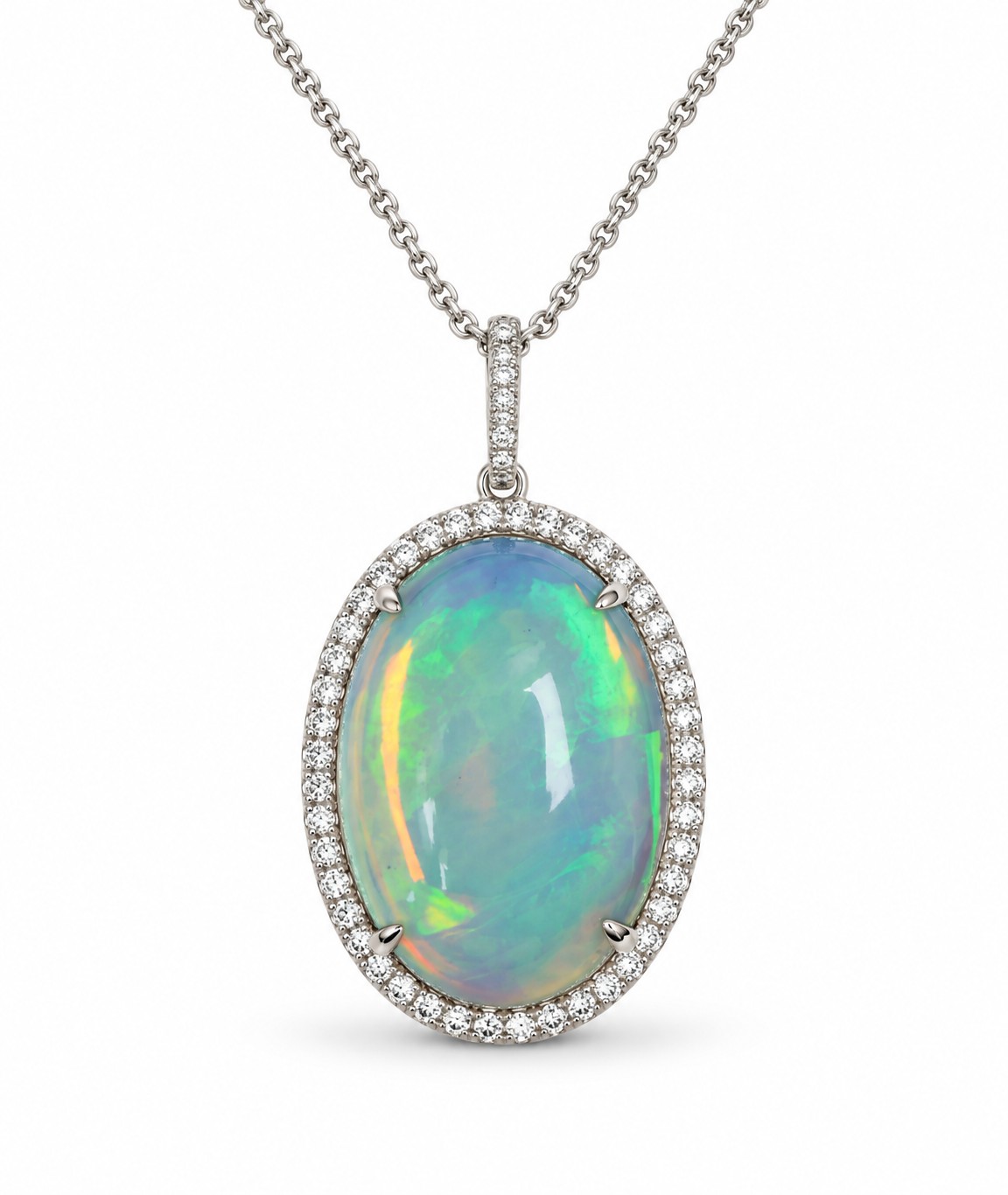Large opal pendant with natural diamonds on a 14K gold chain