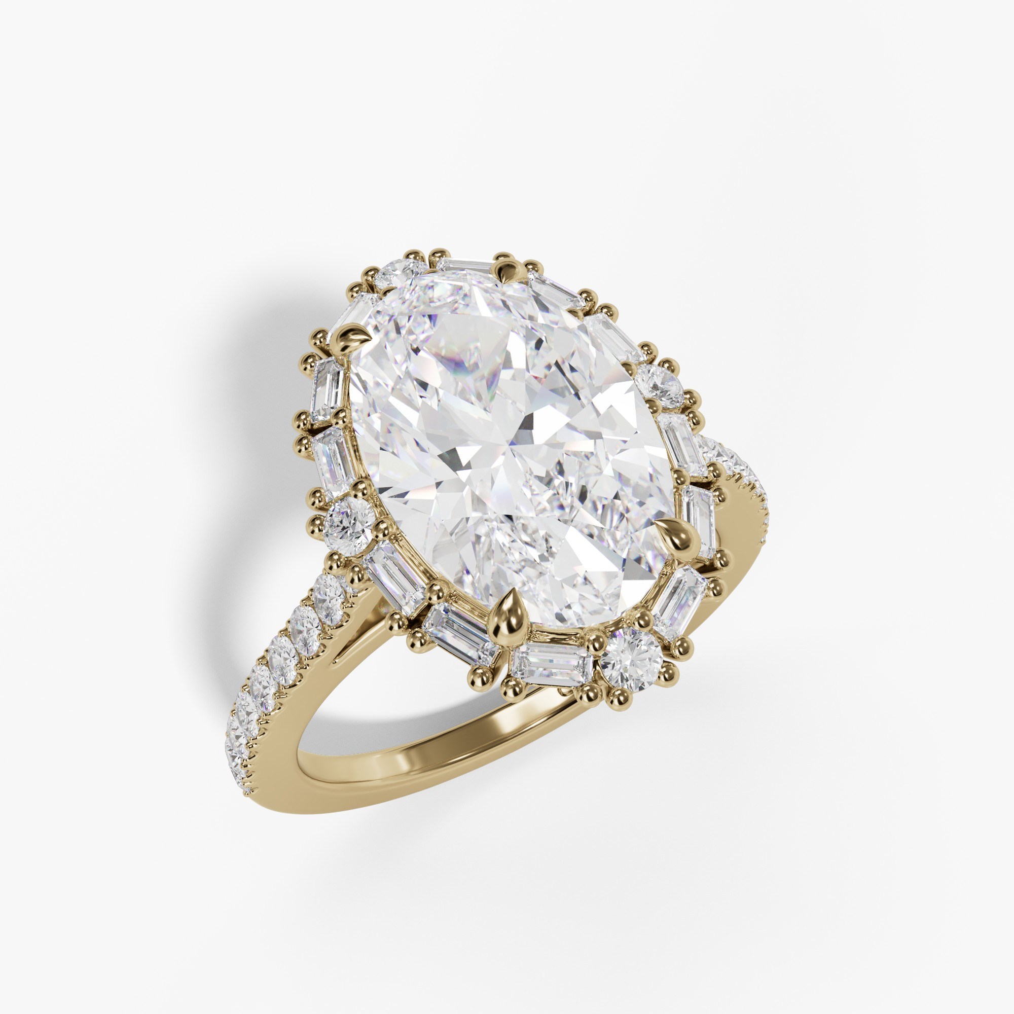 Oval yellow gold ballerina halo ring, three-quarter view