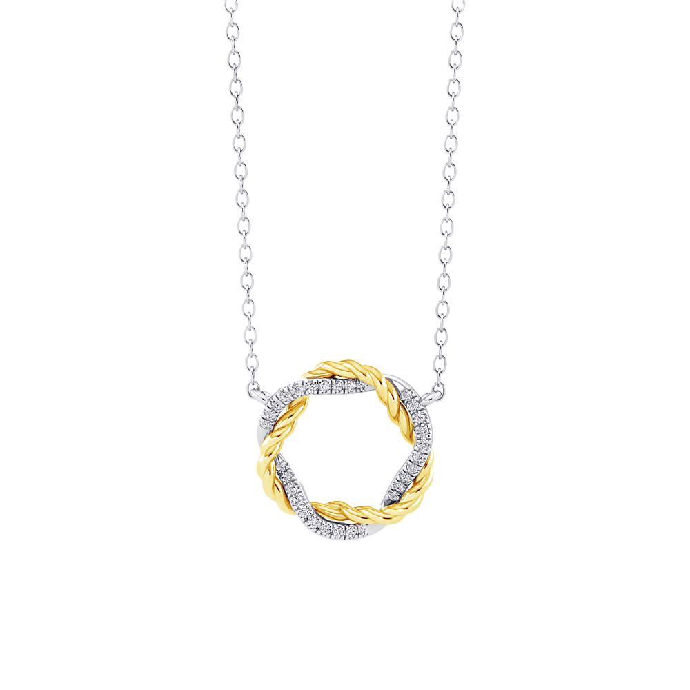 Two tone circle necklace with a yellow gold rope twist and white gold natural diamond pave