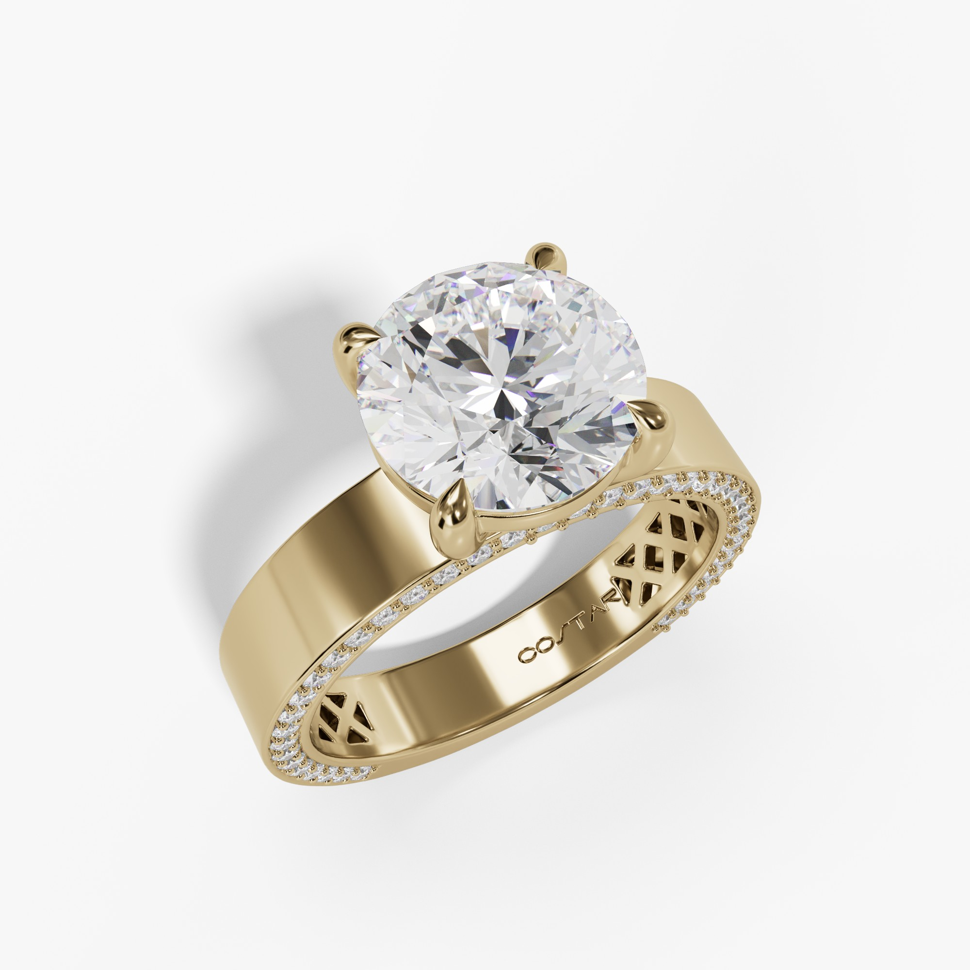 Round yellow gold wide pavé edge solitaire, three-quarter view