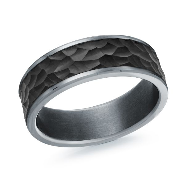 Hammered black tantalum band with gray edges, angled view