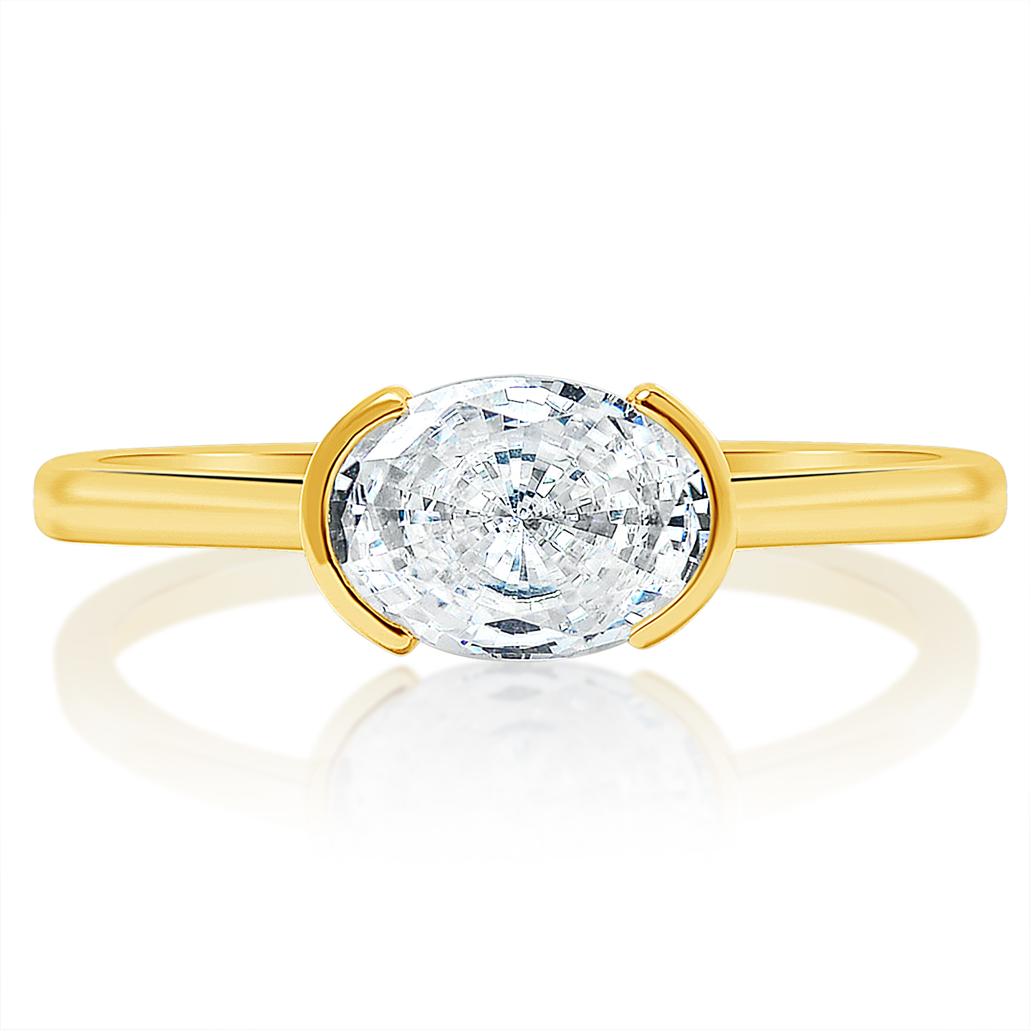 East-west oval yellow gold half-bezel ring, front view