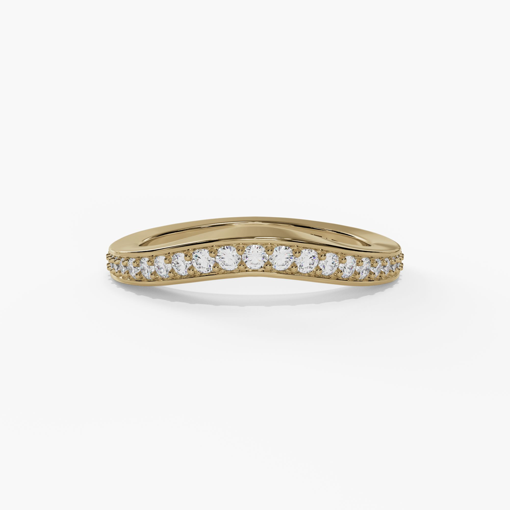 Curved diamond band in yellow gold, front view