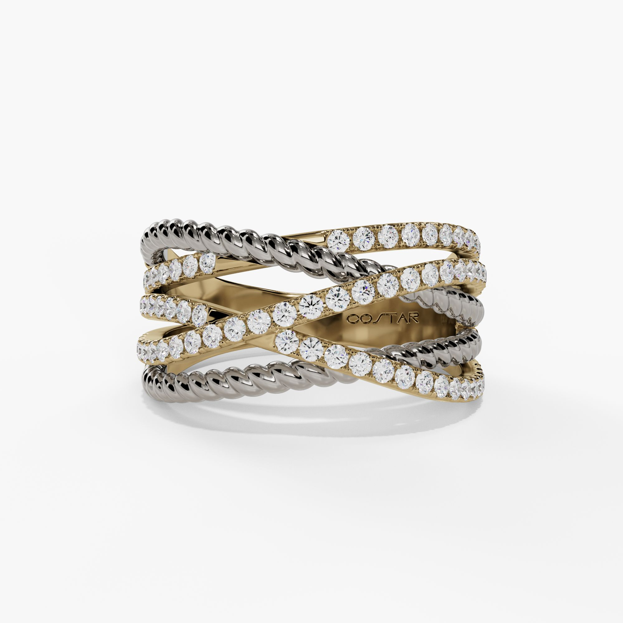 Yellow and white gold braided crossover ring with strands of round natural diamonds