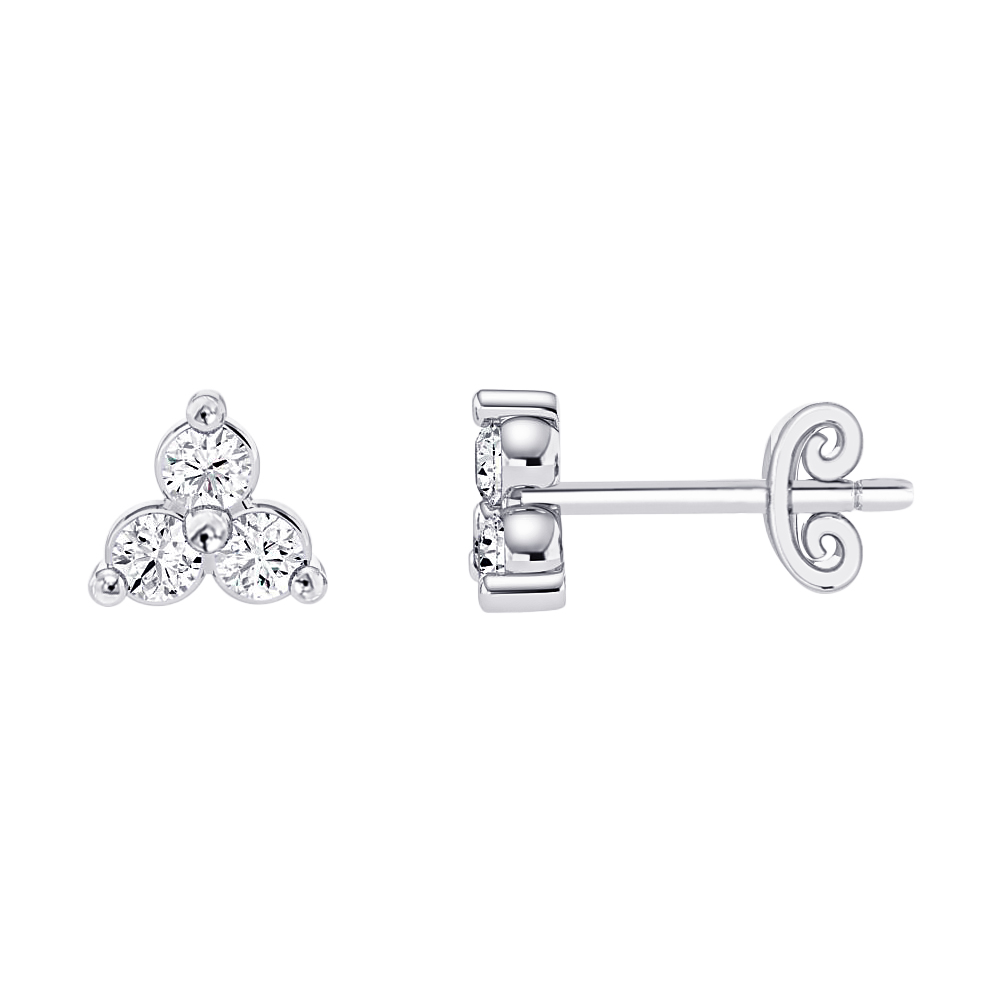 White gold stud earrings with three round natural diamonds in a trio cluster, shown front and side