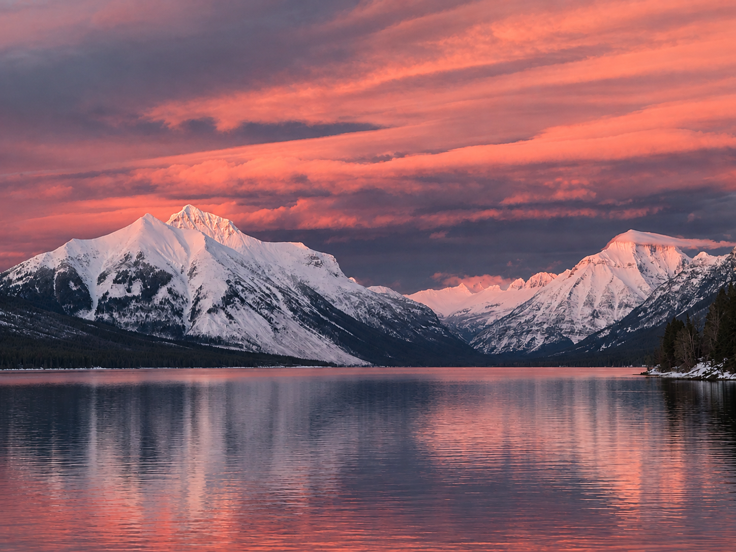 Snow covered mountains and a glowing sunrise sky reflected in a Montana lake