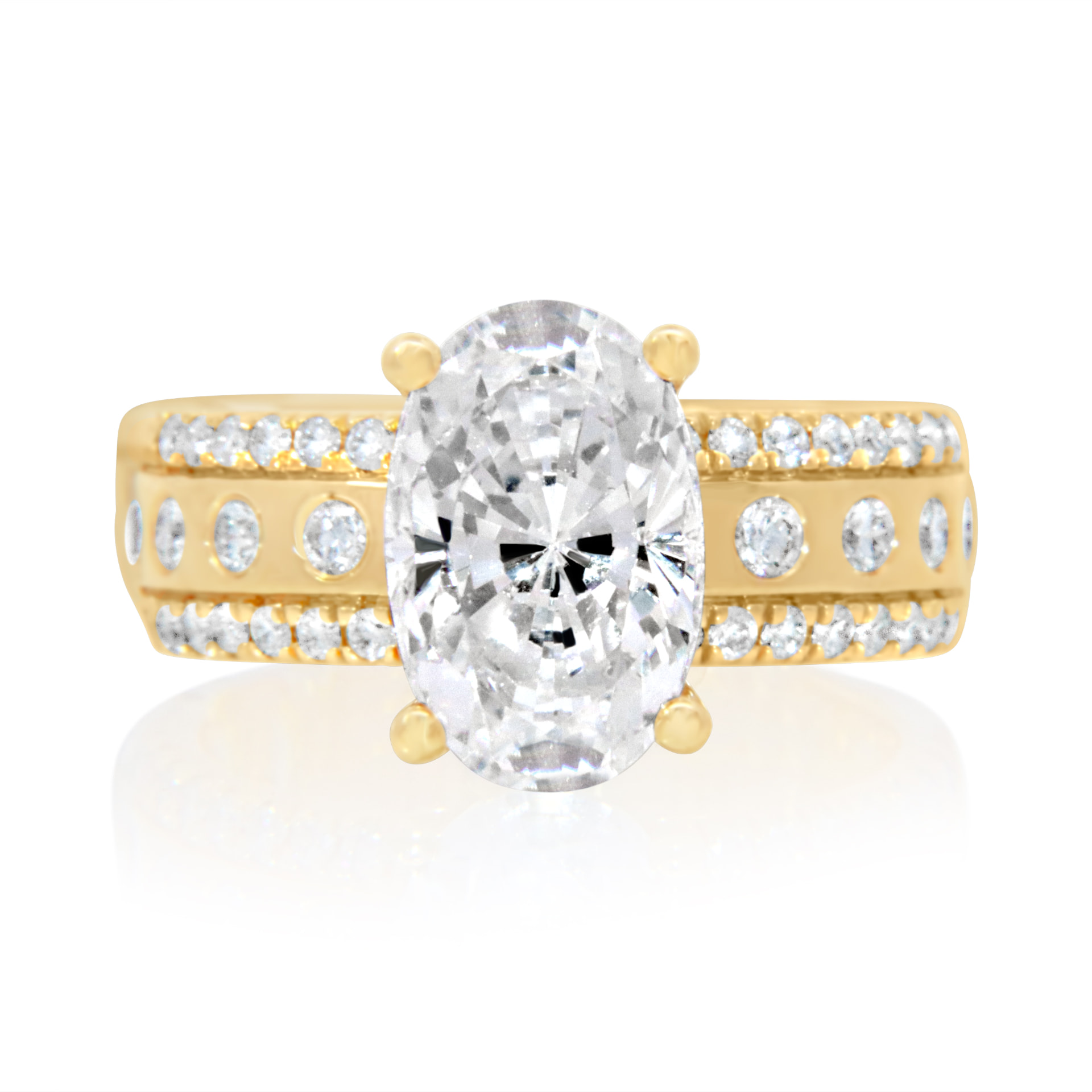 Oval diamond wide triple-row yellow gold ring, front view