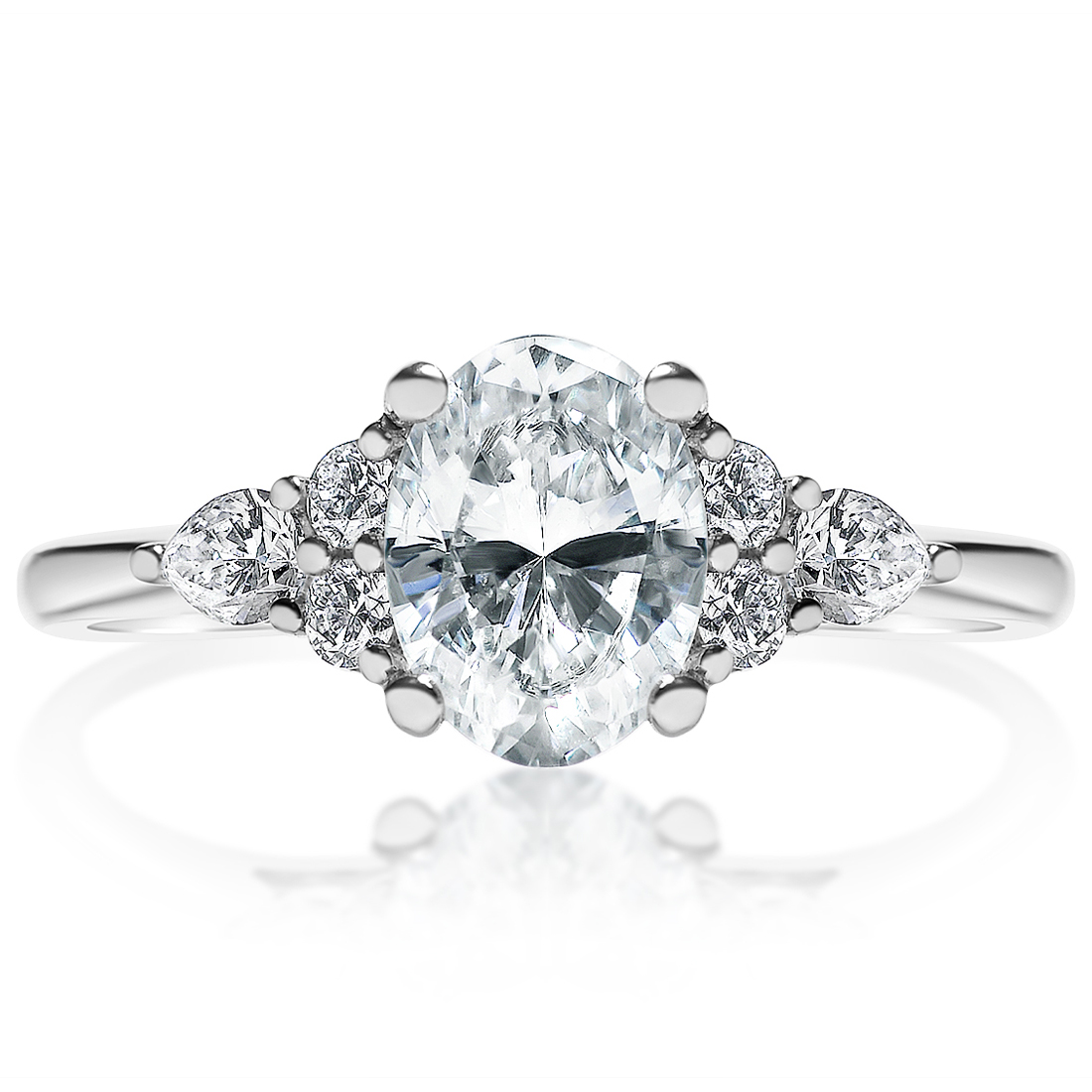 Oval ring with pear and round side stones, front view
