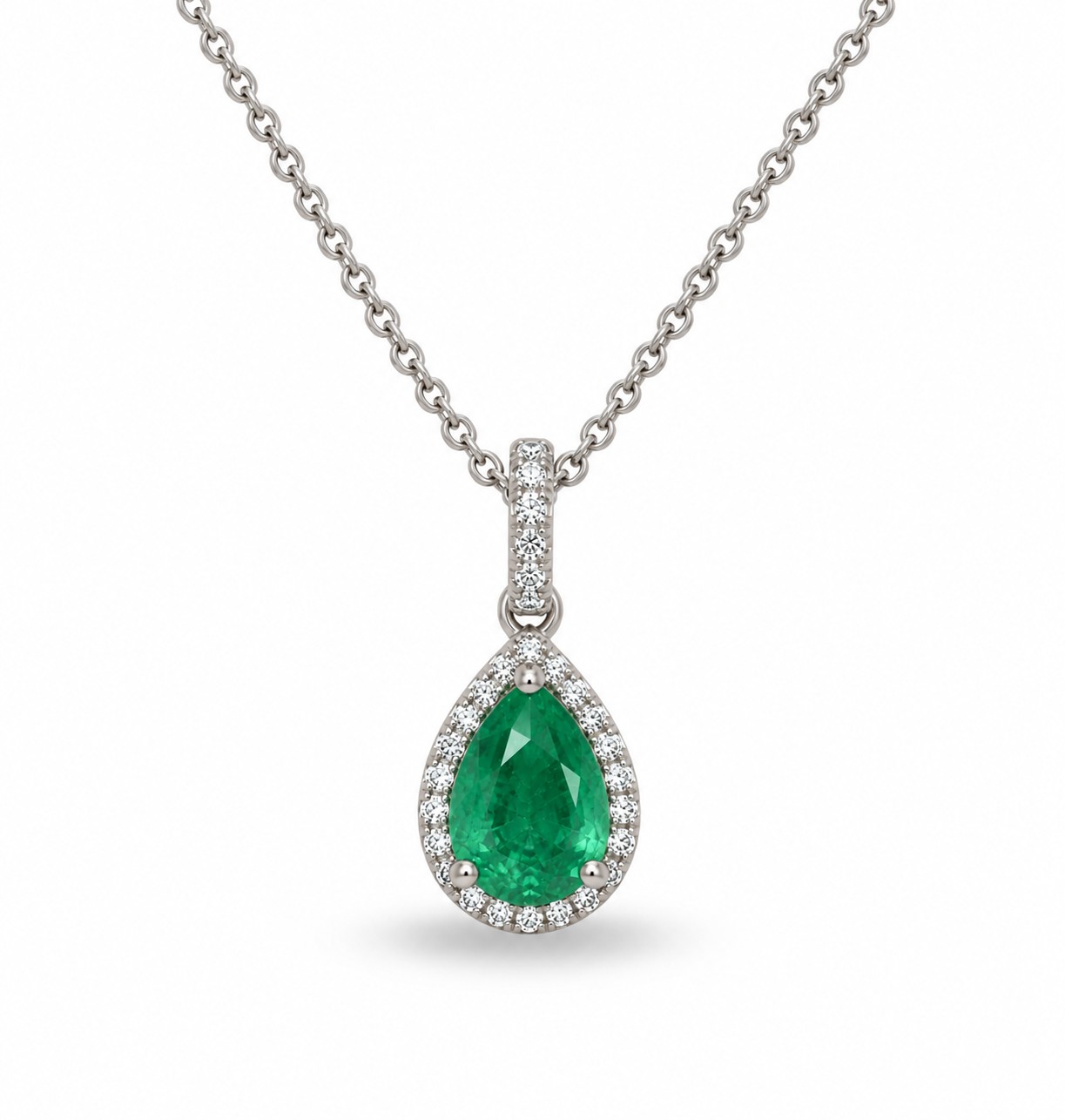 Pear shaped emerald pendant with natural diamonds in 14K gold