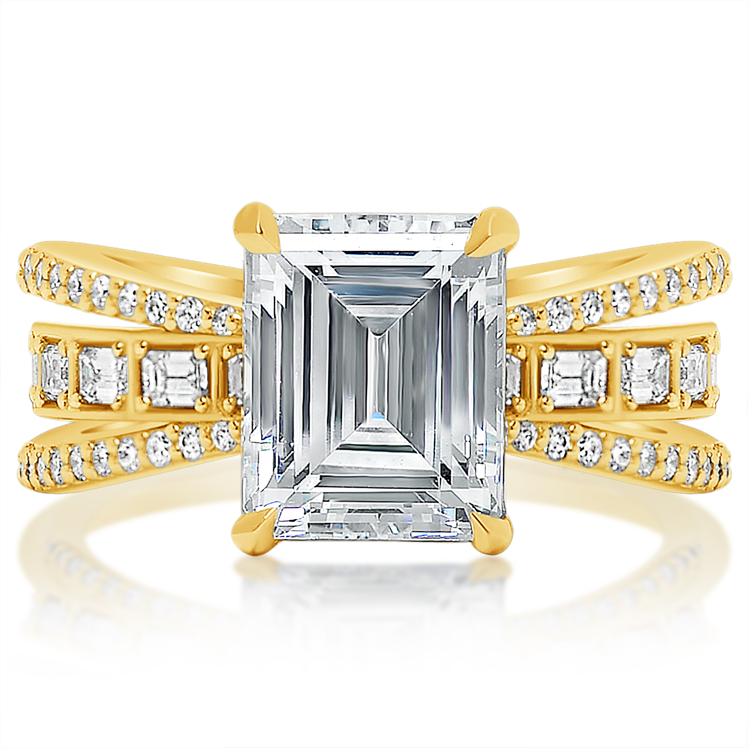 Emerald cut triple-row crossover ring, front view