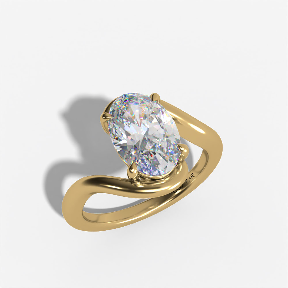 Oval yellow gold bypass solitaire, three-quarter view