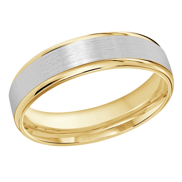 Wedding band with grooved yellow-tone edges and a brushed white-tone center