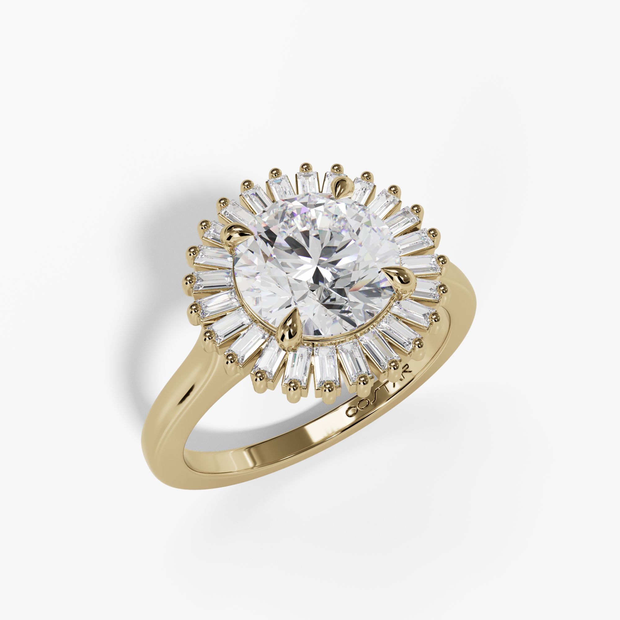 Round yellow gold starburst halo ring, three-quarter view