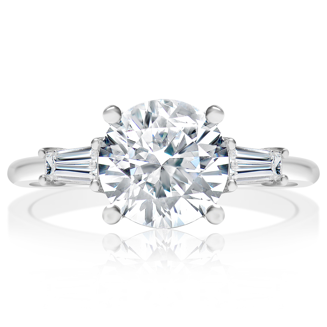 Round diamond ring with tapered baguettes, front view