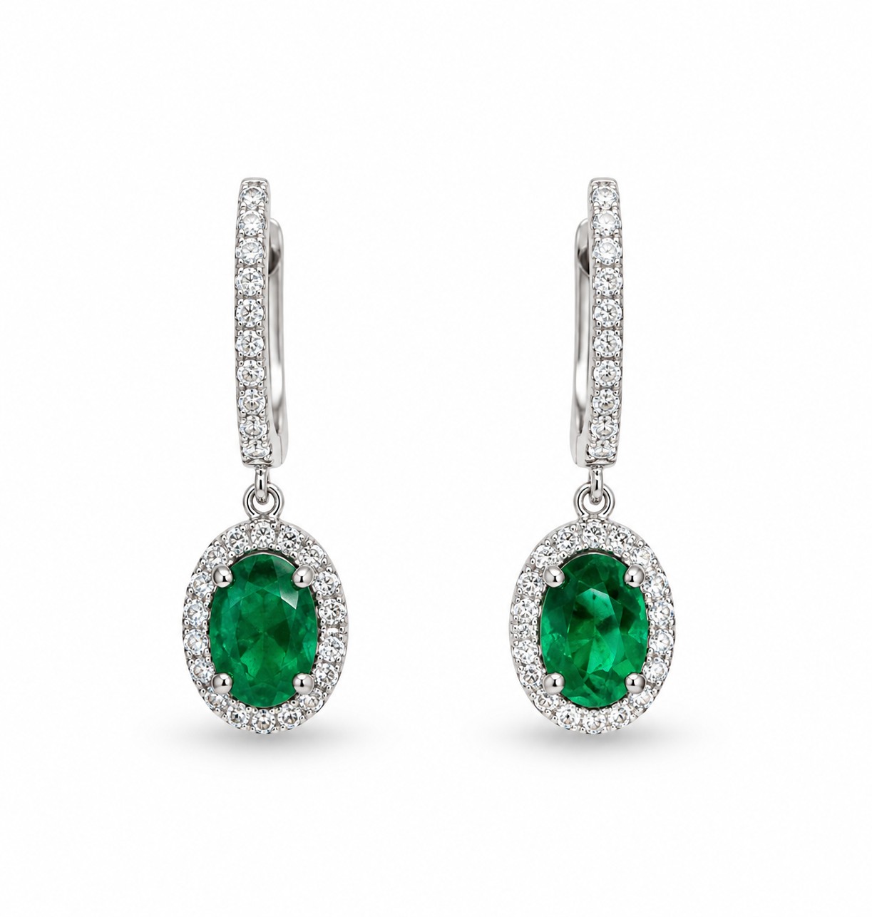 Emerald drop earrings with natural diamonds in 14K gold