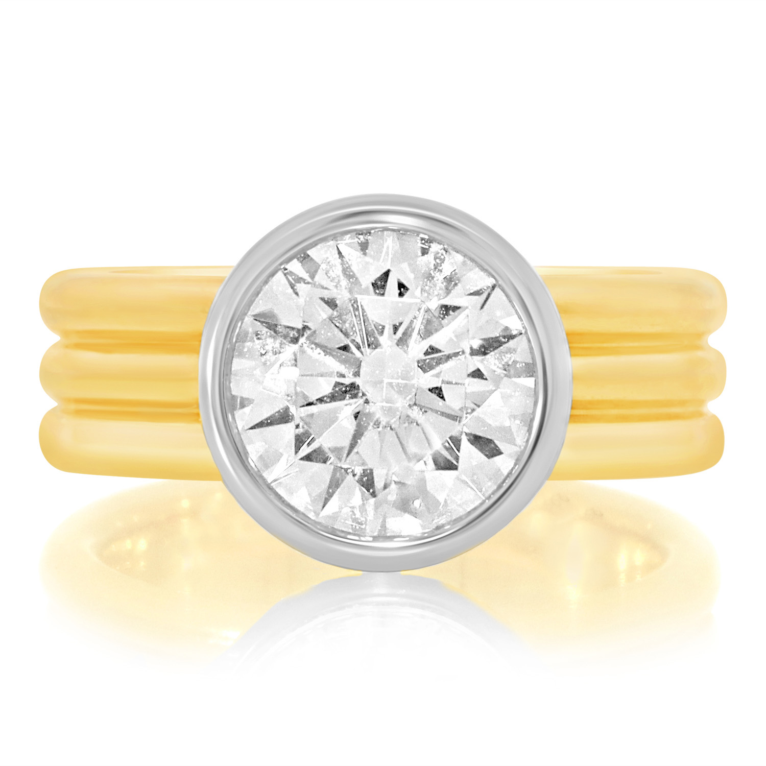 Round diamond two-tone bezel ring with ribbed band, front view