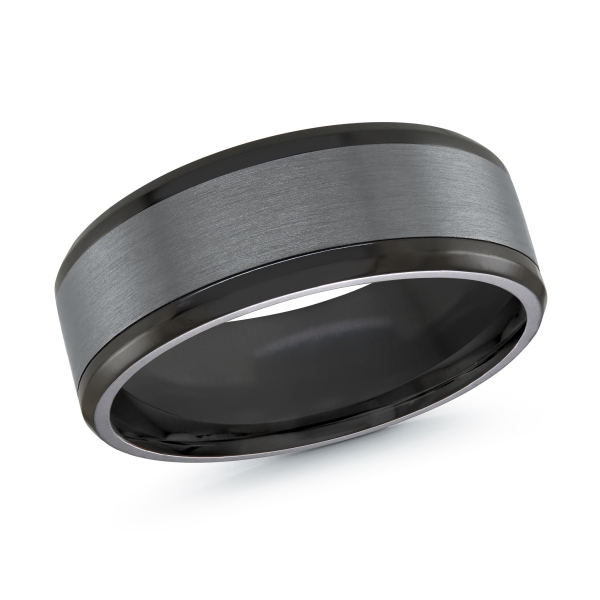 Brushed gray tantalum band with black edges, angled view