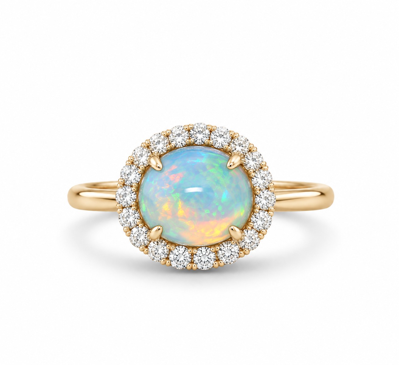 Opal ring with a natural diamond halo in 14K yellow gold