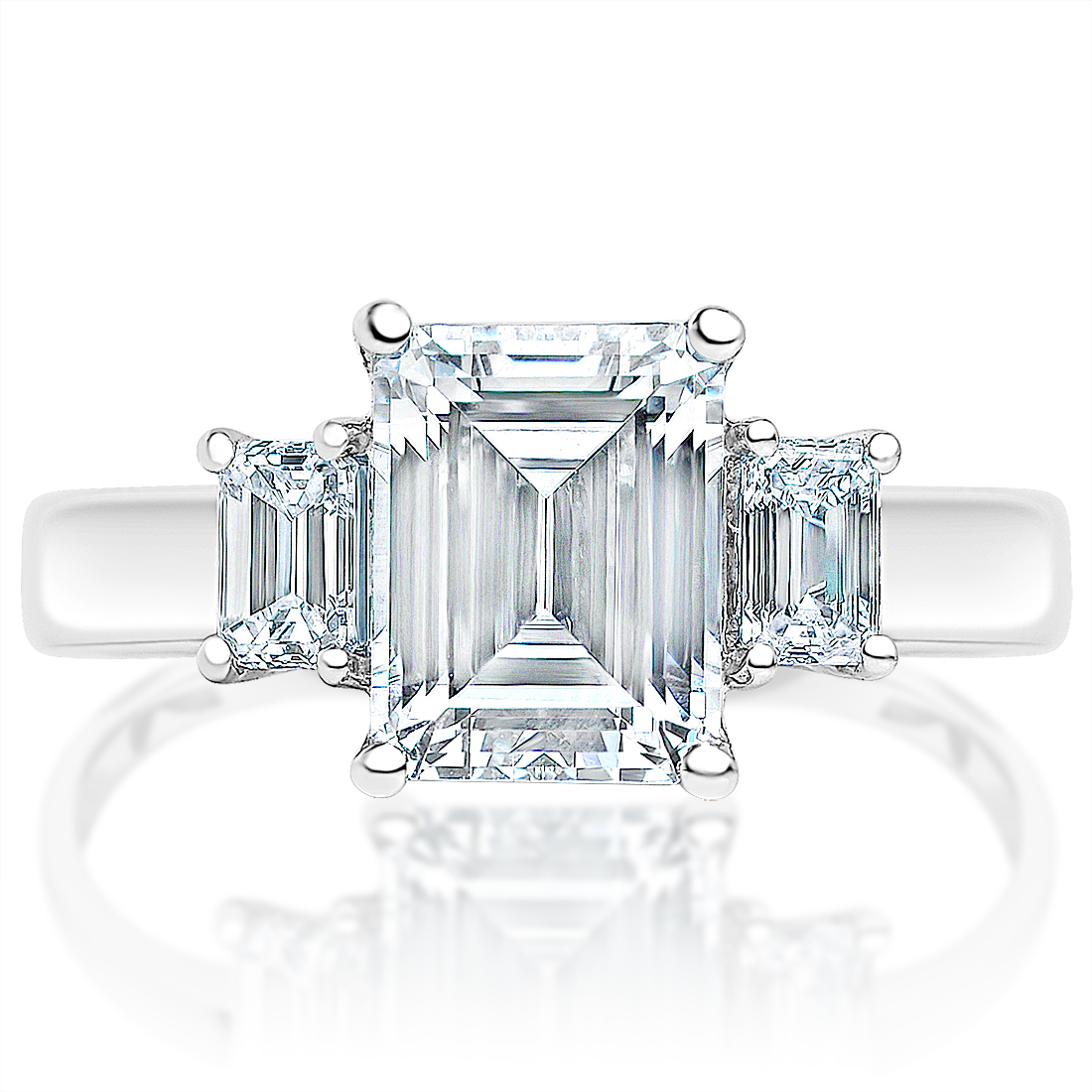 Emerald cut three-stone ring, front view