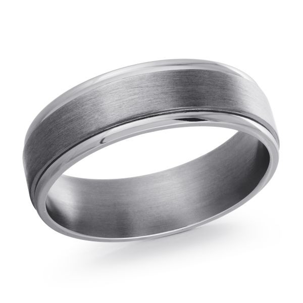 Tantalum band with brushed gunmetal center and polished edges, angled view
