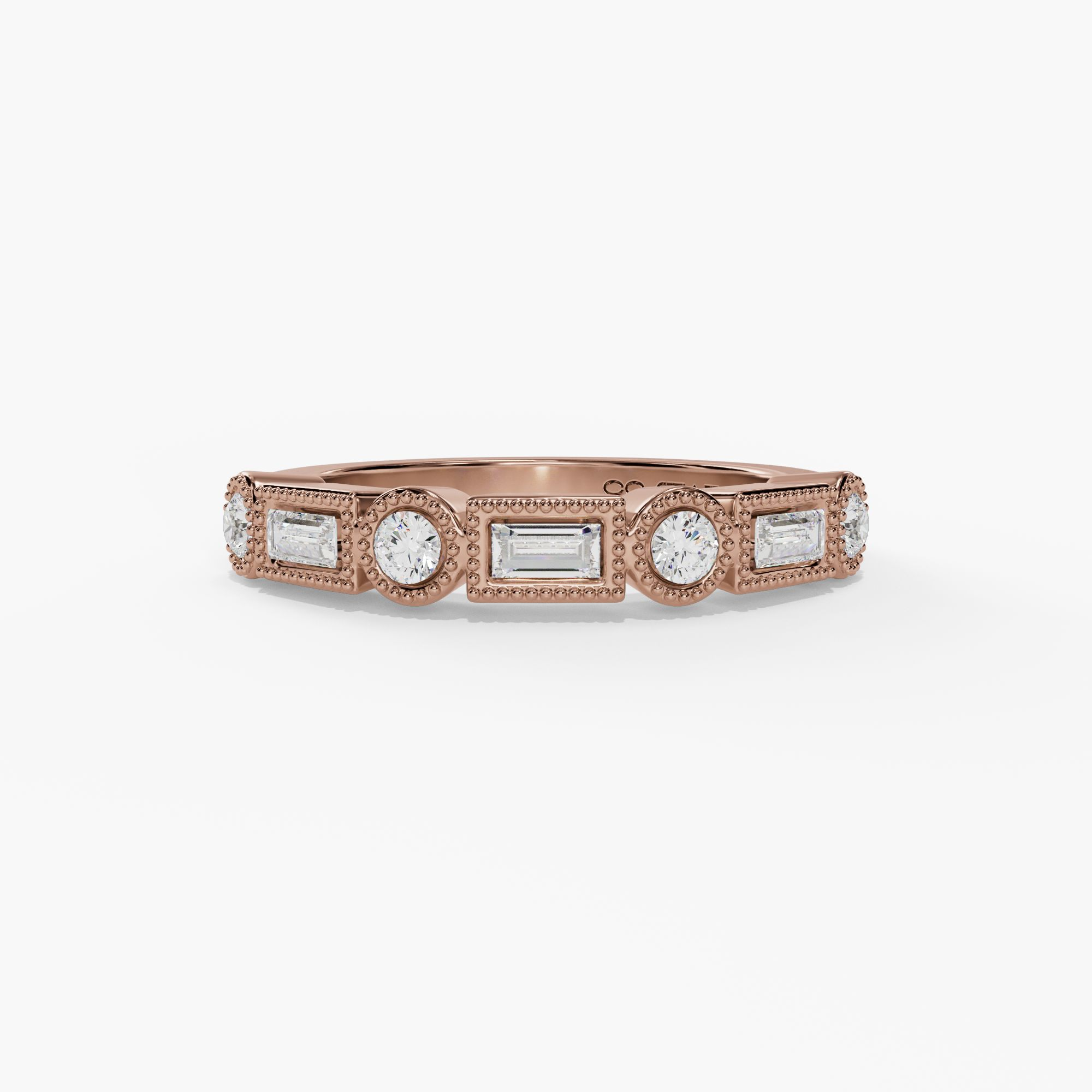 White gold curved band with emerald cut natural diamonds framed by rows of round diamonds