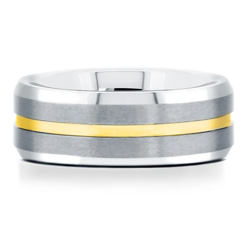 Tungsten band with a brushed center, gold-tone center stripe, and polished beveled edges, front view