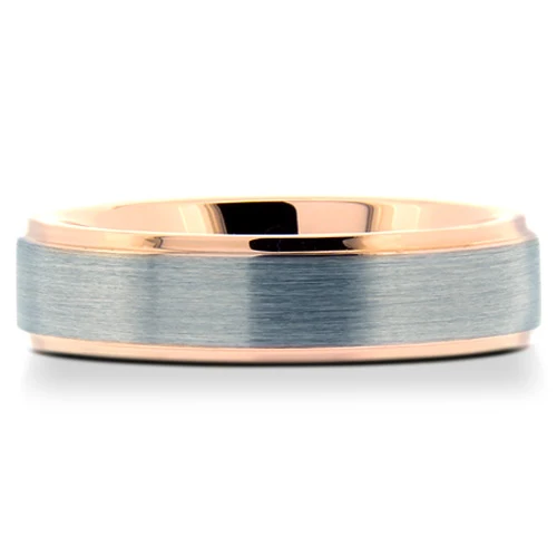 Tungsten band with brushed center and rose-tone stepped edges, front view