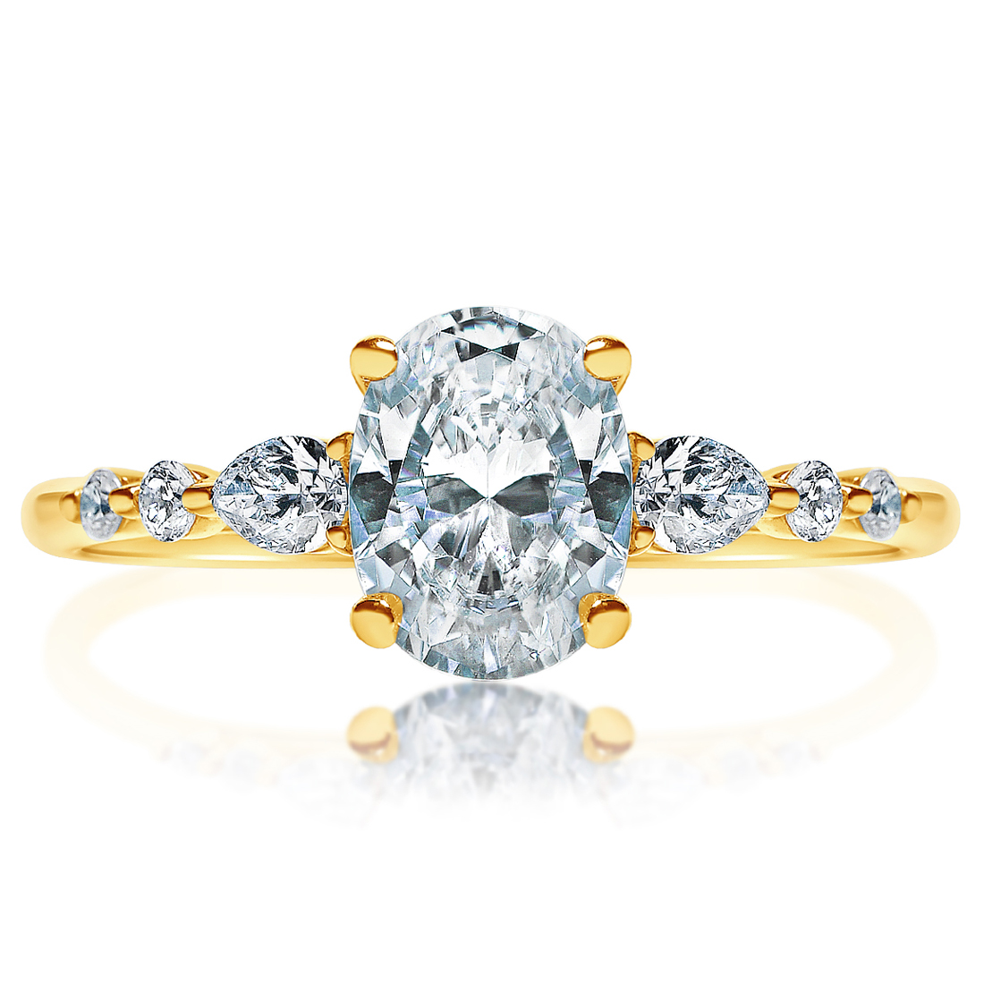 Yellow gold oval ring with pear and round accents, front view
