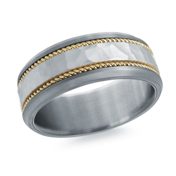 Hammered white gold band with yellow gold rope accents and tantalum edges, angled view