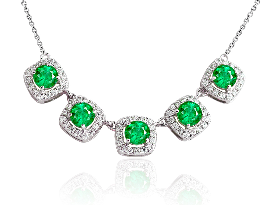 Emerald and natural diamond station necklace in 14K gold