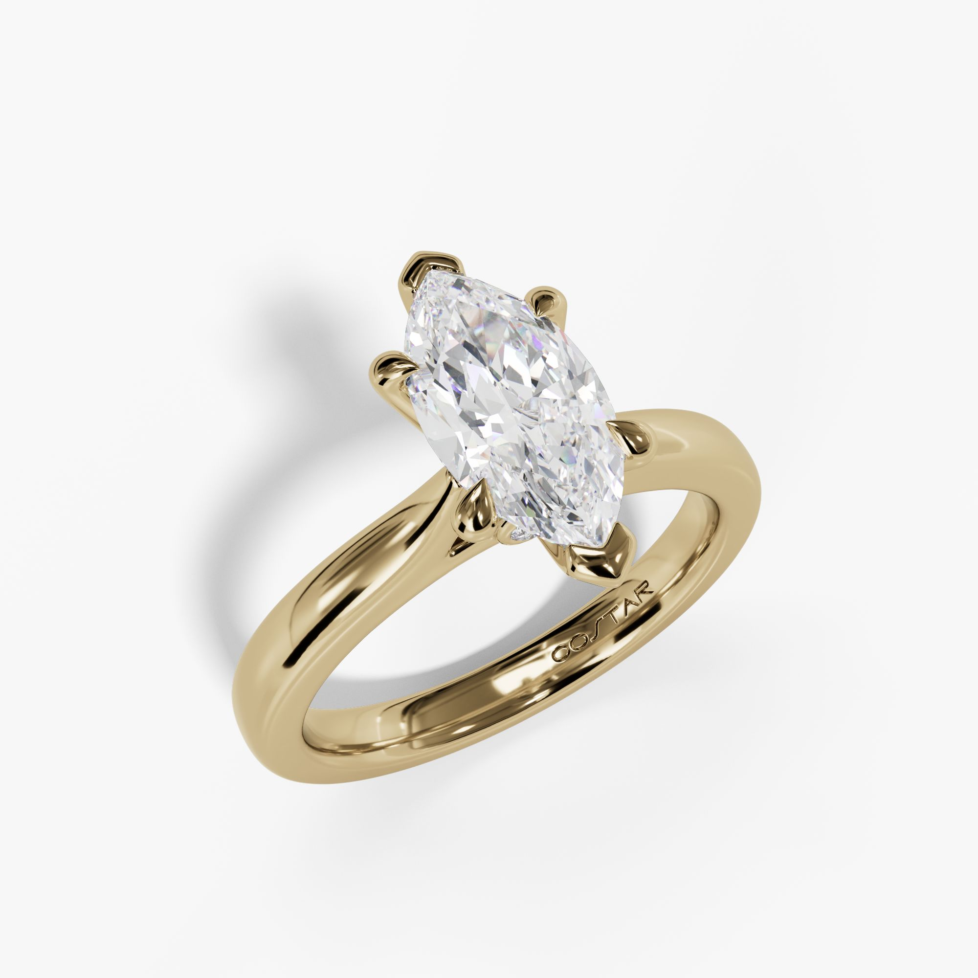 Marquise diamond yellow gold solitaire, three-quarter view