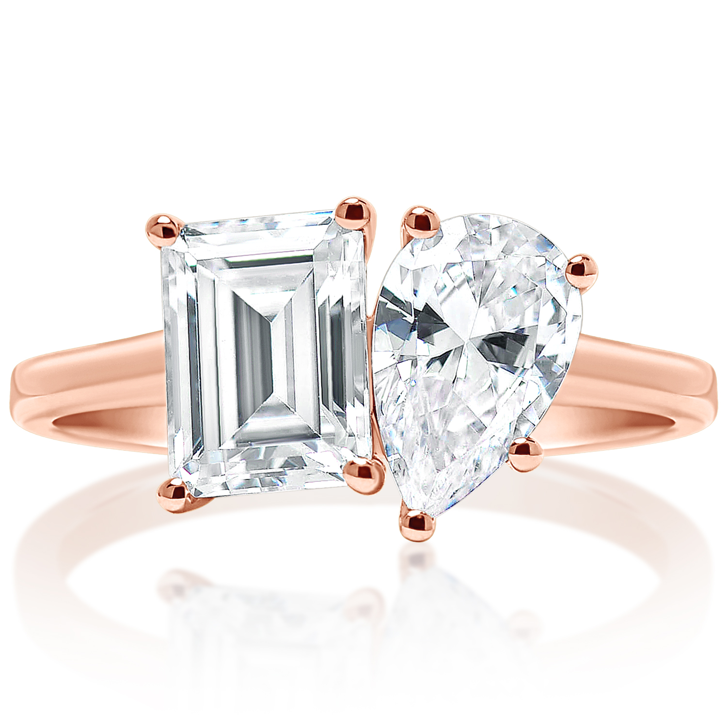 Toi et moi emerald and pear rose gold ring, front view