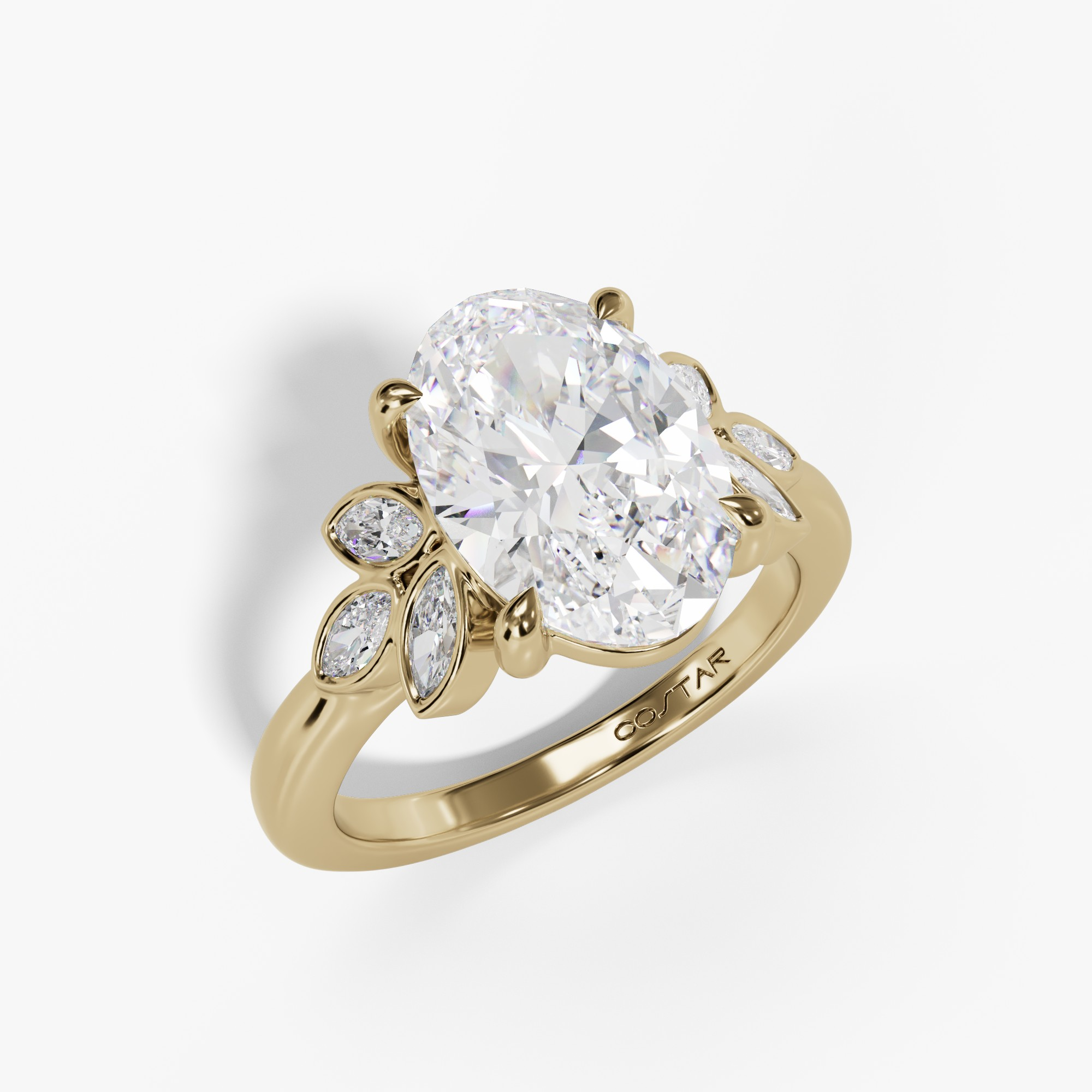 Oval yellow gold ring with marquise leaf clusters, three-quarter view