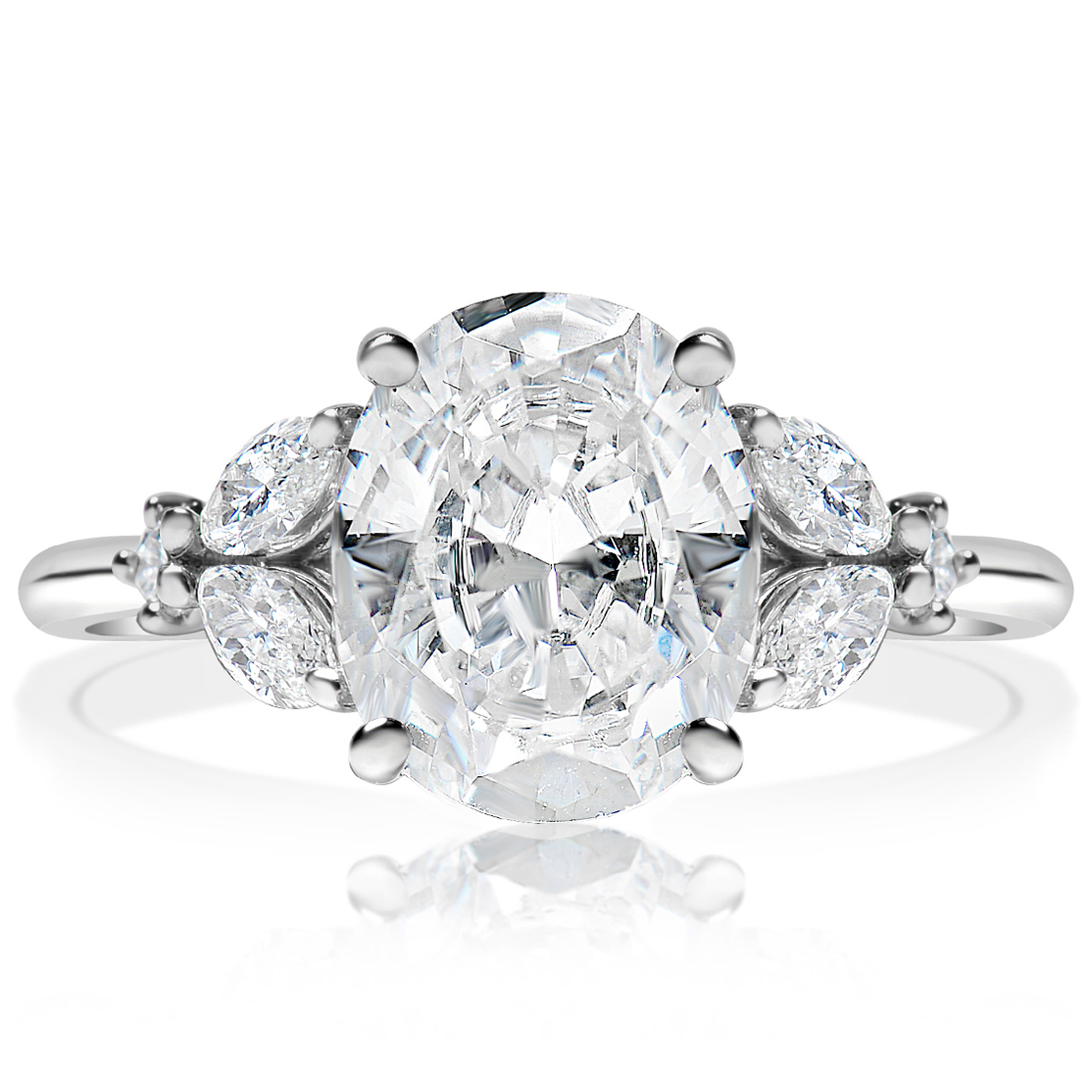 Oval ring with marquise cluster accents, front view