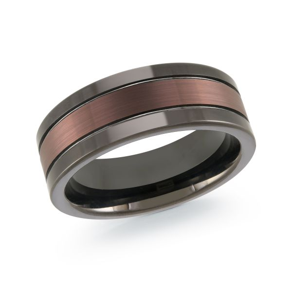 Gunmetal tungsten band with brushed bronze-tone center, angled view