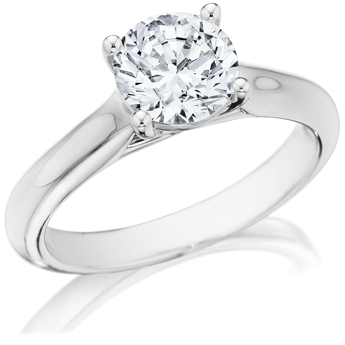Round diamond four prong solitaire, three-quarter view
