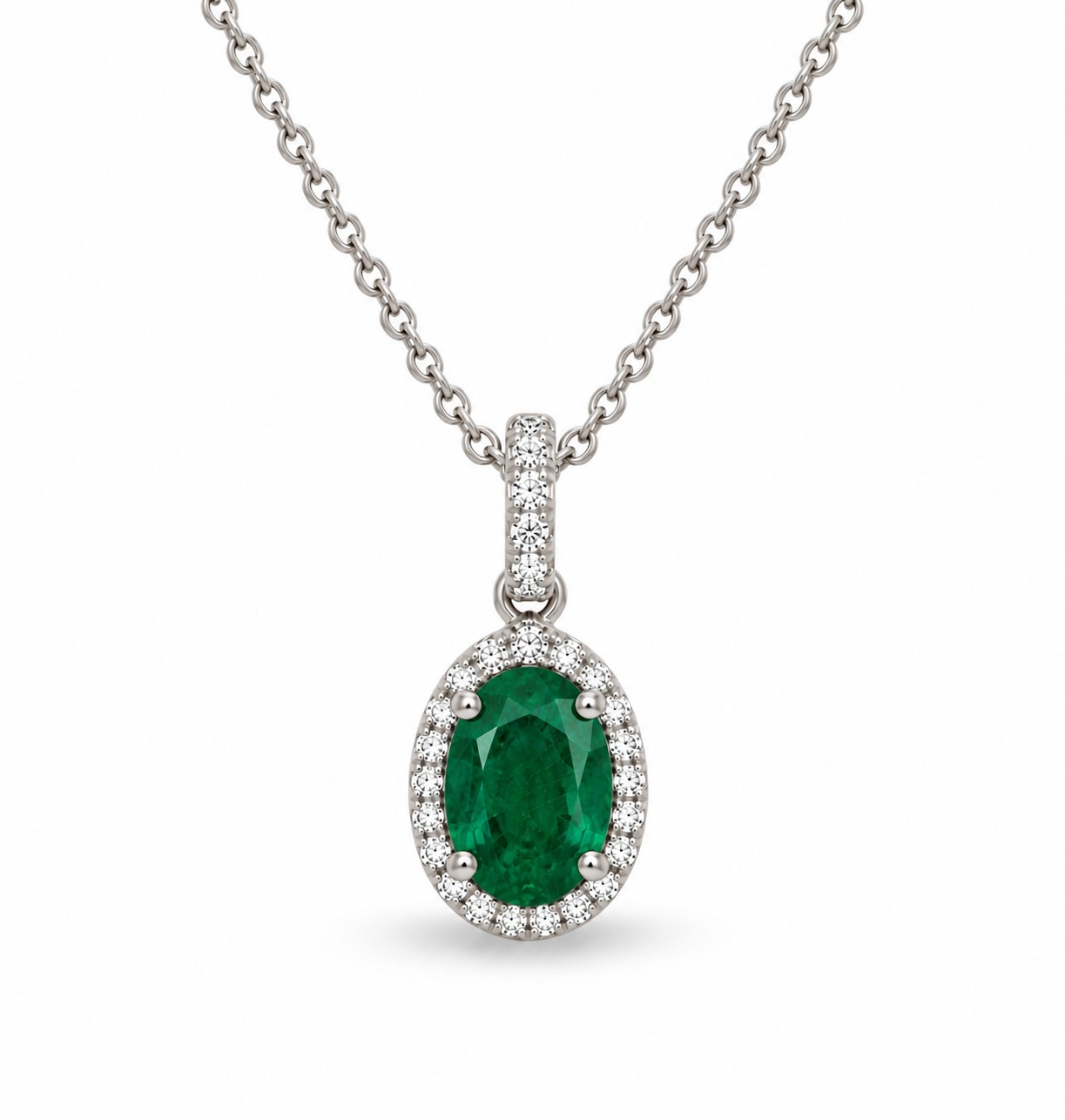 Emerald pendant with natural diamonds on a 14K gold chain