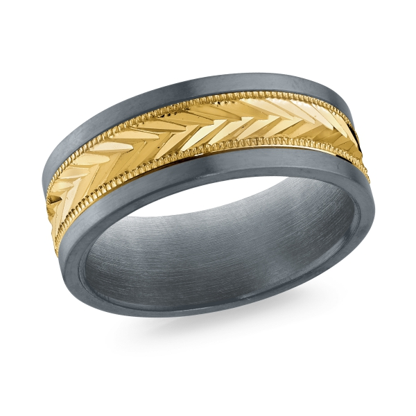 Chevron gold band with tantalum rails, angled view