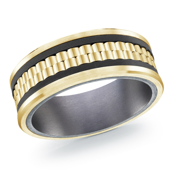 Jubilee gold band with carbon fiber lines and tantalum interior, angled view
