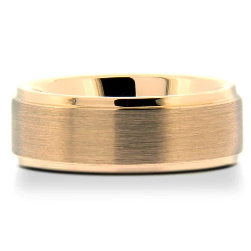 Rose-tone tungsten band with a brushed center and polished stepped edges, front view