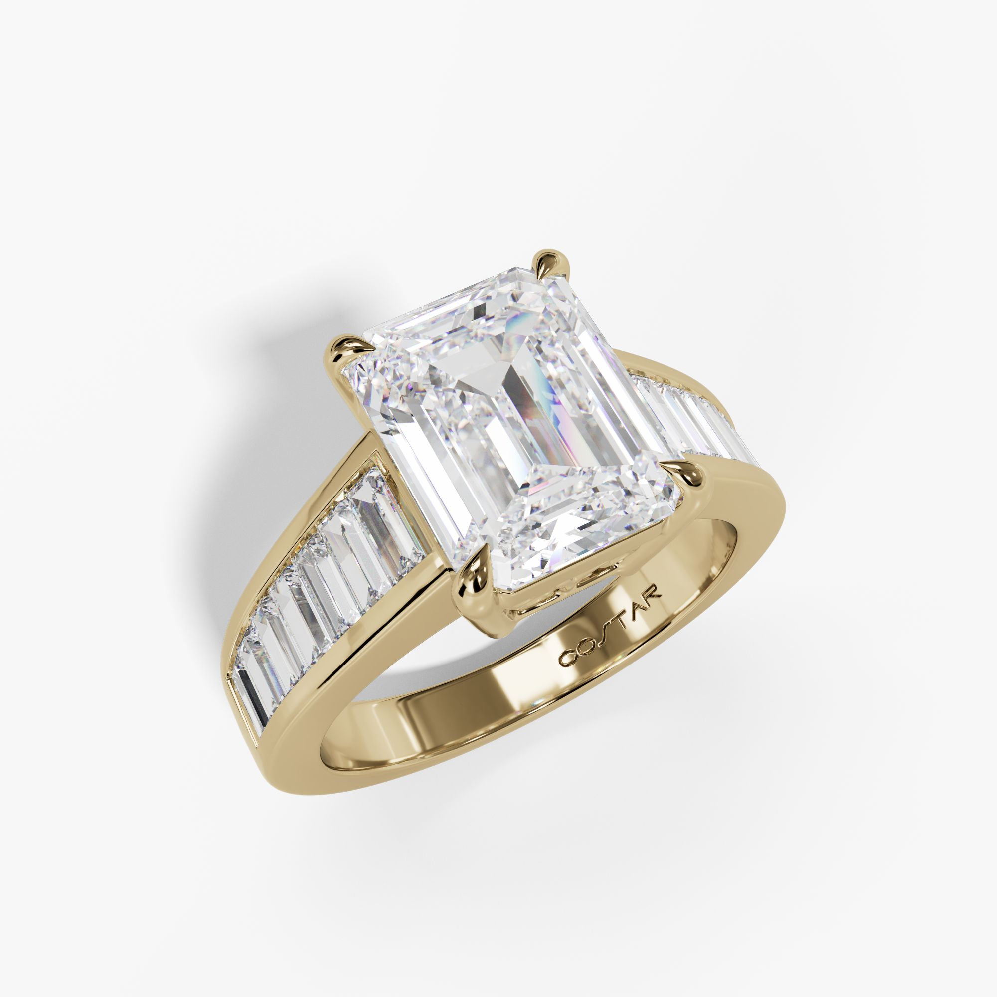 Emerald cut ring with tapered baguette shank, three-quarter view