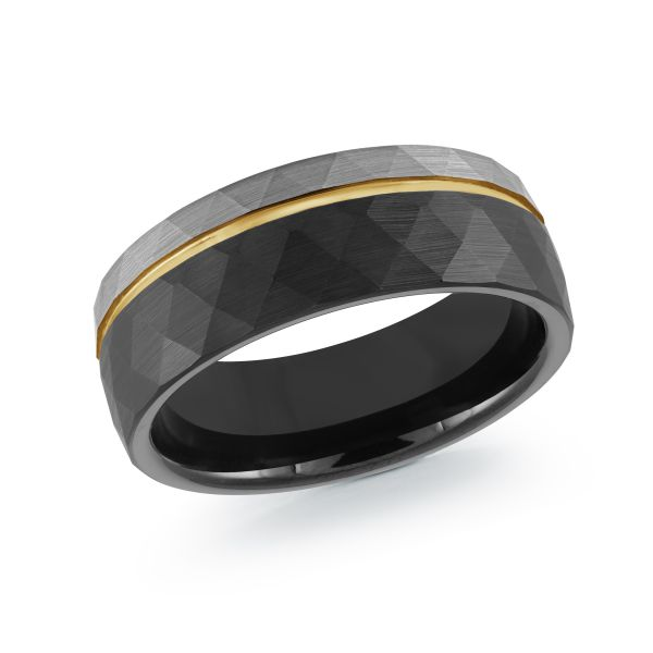 Faceted two-tone tungsten band with gold-tone groove, angled view