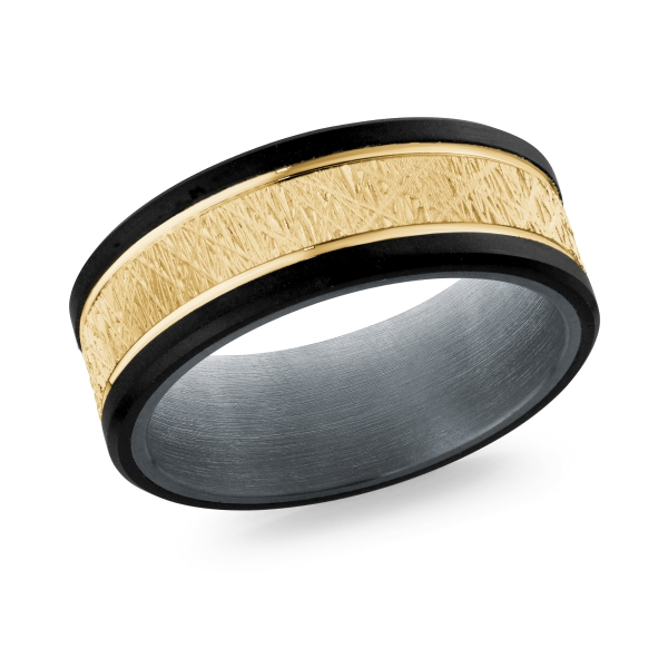 Distressed gold band with carbon fiber edges, angled view