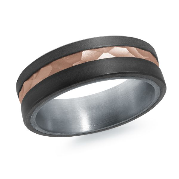 Hammered rose gold band with carbon fiber and tantalum interior, angled view